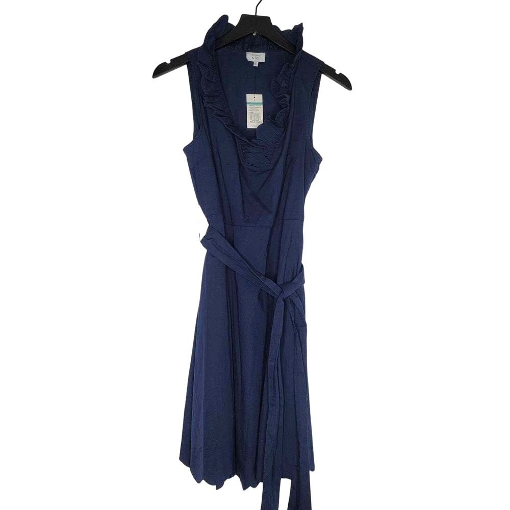 Crown & Ivy Navy Blue Sleeveless Dress Ruffle Neck Belted VNeck Classic Preppy S - Picture 2 of 11
